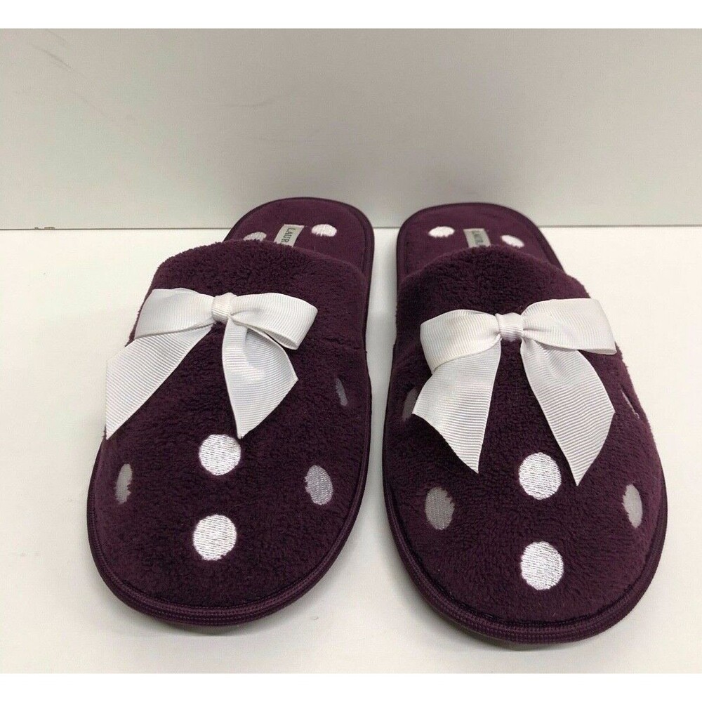 Laura Ashley Women's Slippers Polka Dot purple White With Bow Size XL 9.5-10.5 - Picture 2 of 9